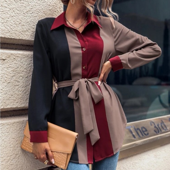 Tops - Color Block Belted Tunic Button Down Shirt Top Blouse